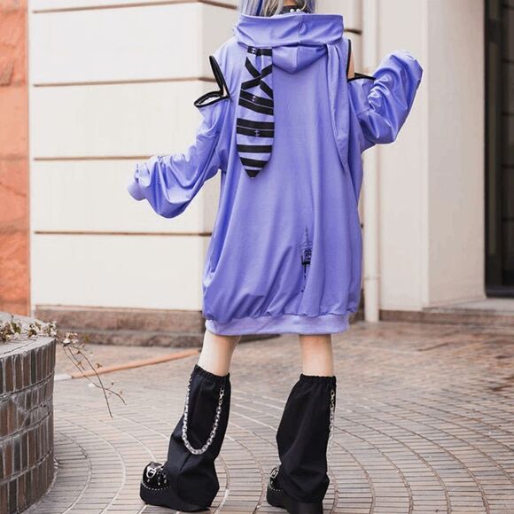 Goth Punk Bunny Ear shoulder zip purple hoodie - Picture 4 of 4